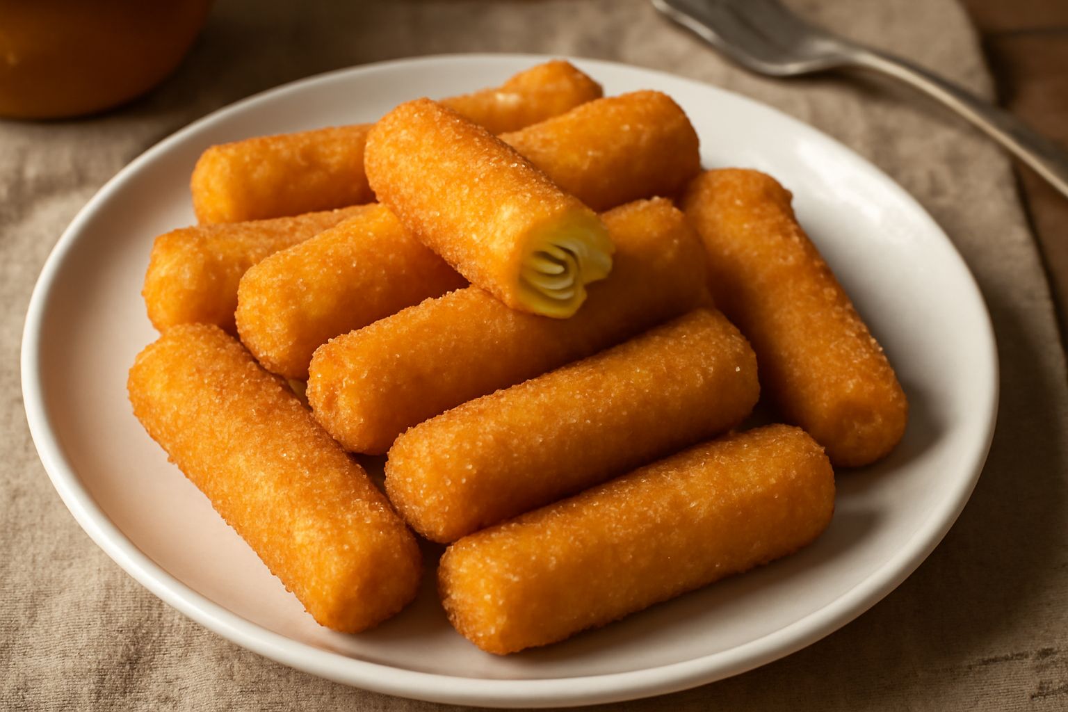 Bastoncini di pasta fritta color dorato ricoperti di pangrattato e prezzemolo fresco, disposti su carta bianca assorbente, con alcuni spicchi di limone fresco al lato