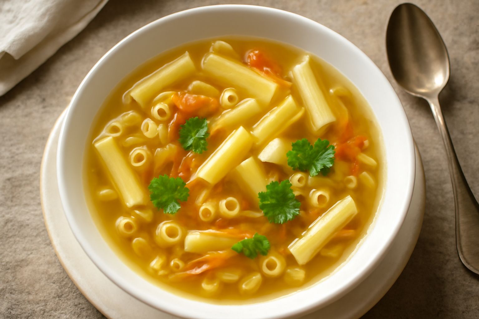 Piatto fondo bianco con pasta ritorta in brodo traslucido dorato, gocce di olio verde in superficie, pezzetti di verdure visibili, cucchiaio di legno appoggiato al bordo