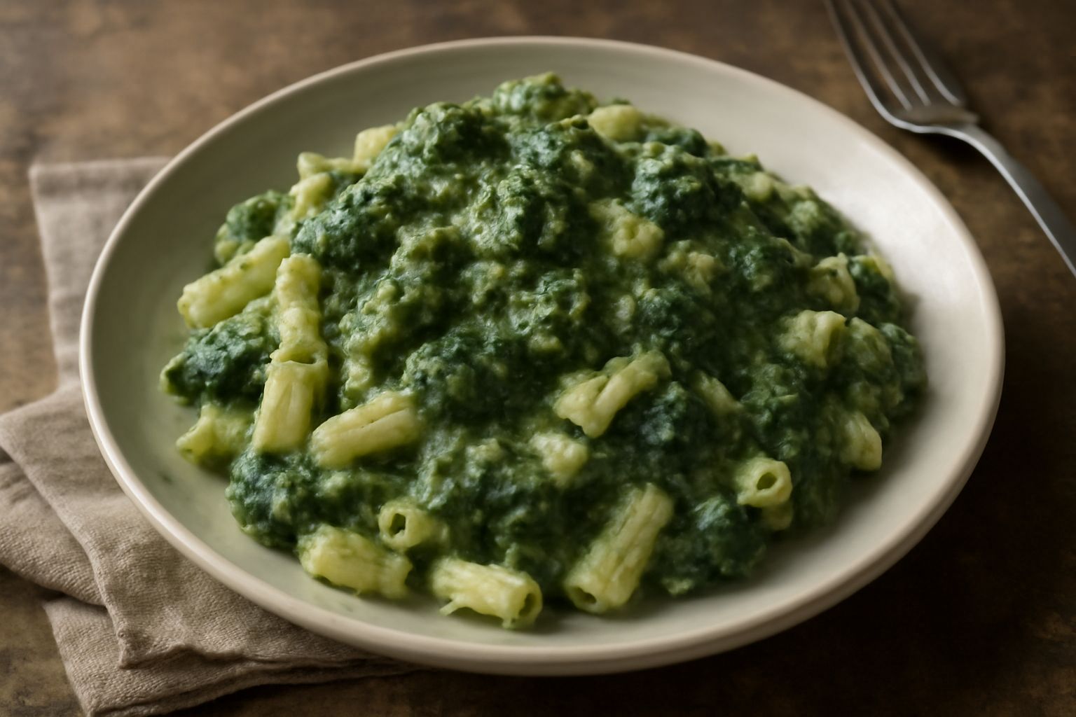 Piatto di pasta con broccoli verdi intensi, cremosità bianca dovuta all'amido, olio lucido che copre tutto, aglio dorato negli interstizi della pasta, servito su fondo bianco con forchetta