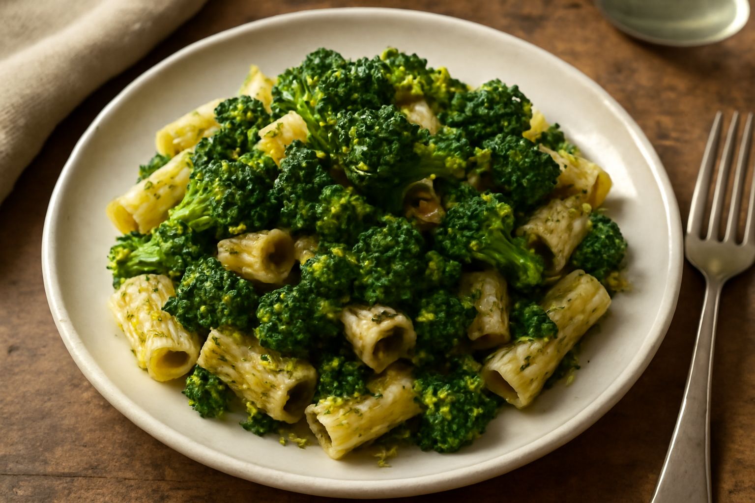 Un piatto di pasta bianca e broccoli verdi arriminati in padella, conditi con olio dorato, aglio e peperoncino rosso, serviti in un piatto di ceramica bianca su tavolo di legno
