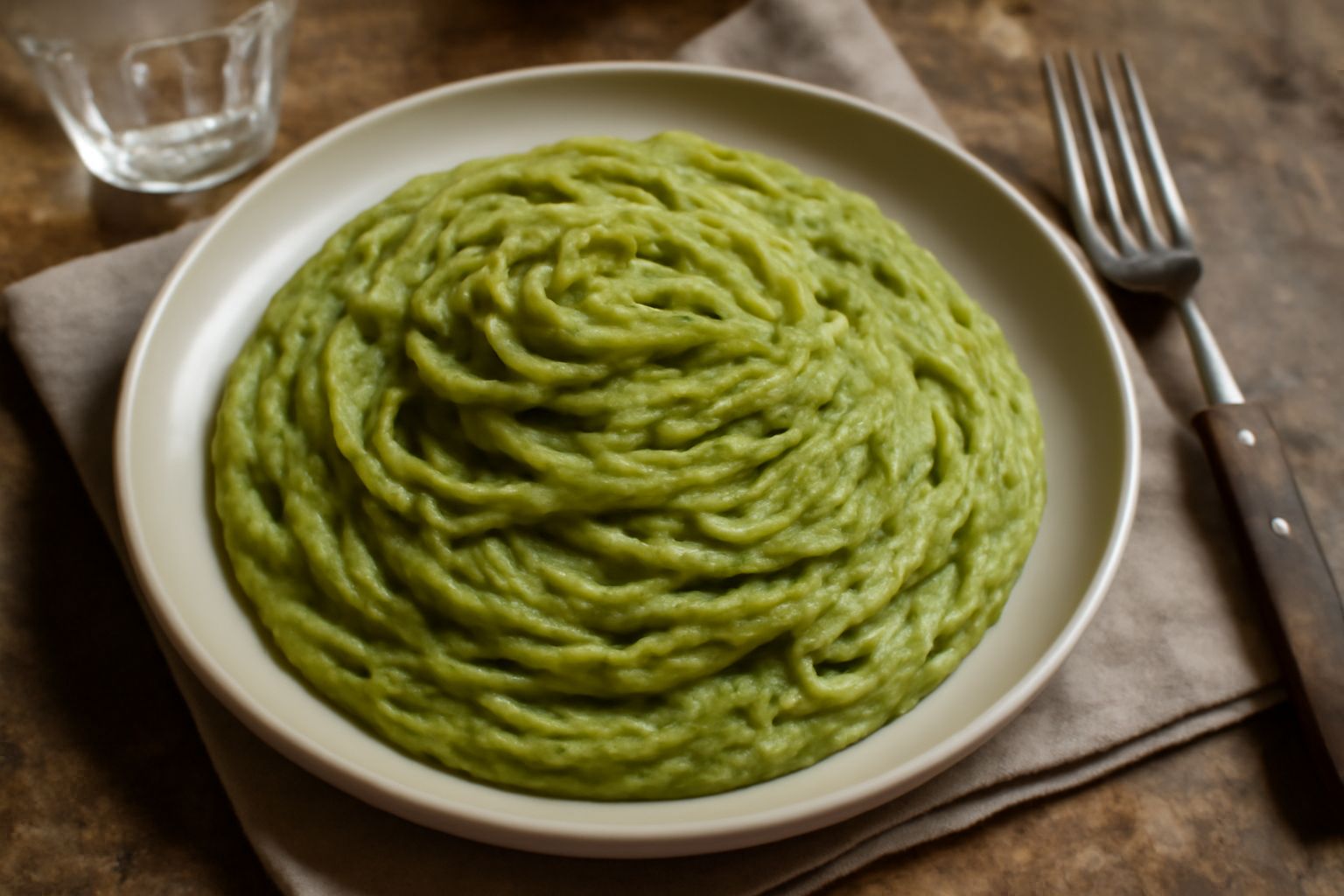 Piatto di pasta cremosa verde e bianca, con broccolo romanesco visibile in piccoli pezzi, servito in un piatto fondo bianco con una generosa grattugia di formaggio pecorino sopra e un filo d'olio d'ol