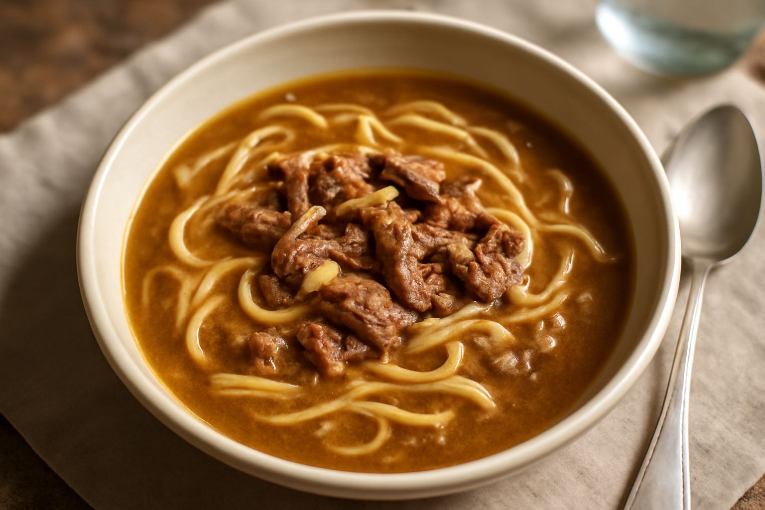 Piatto fondo di ceramica bianca con pasta lunga in brodo marrone scuro, bollente, con piccoli pezzi di carne visibili, cipolla dorata in superficie, servito con cucchiaio e pane tostato sul bordo