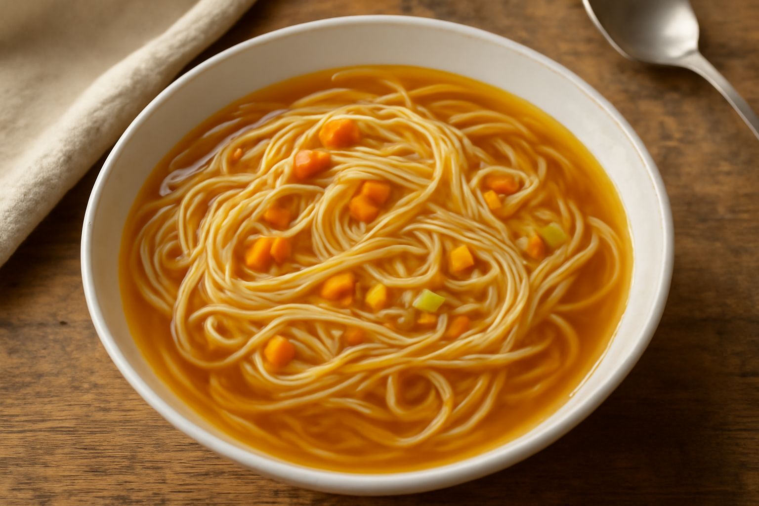 Ciotola di ceramica bianca con pasta ca brodu, brodo trasparente ambrato, verdure morbide visibili, fili di pasta ondulati, guarnizione di prezzemolo fresco verde in cima, servita su tavolo di legno n