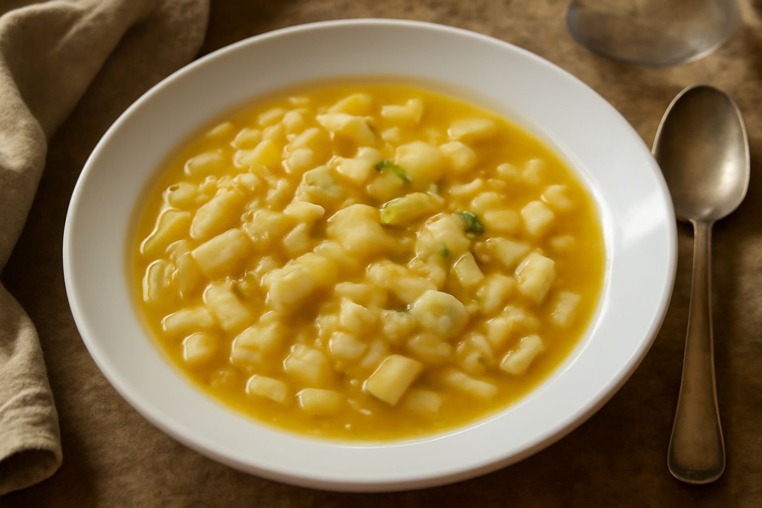 Ciotola di ceramica bianca con pasta in brodo fumante, pezzi di cardo tenero visibili nel liquido trasparente color oro, olio verde oliva in gocce sulla superficie, fetta di pane tostato appoggiata al