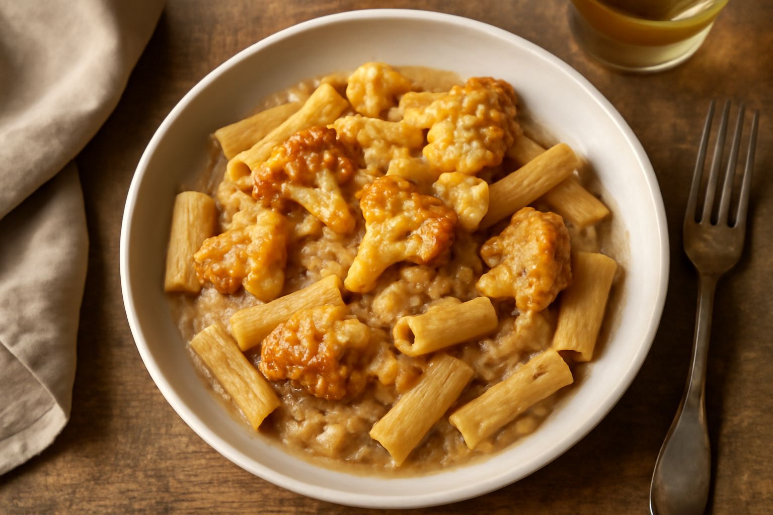 Piatto di pasta ca cauliflower con pezzi di cavolfiore dorato immersi in una salsa cremosa beige, cipolla trasparente, grani di pepe nero visibili, nel piatto bianco con un filo di olio verde ai bordi