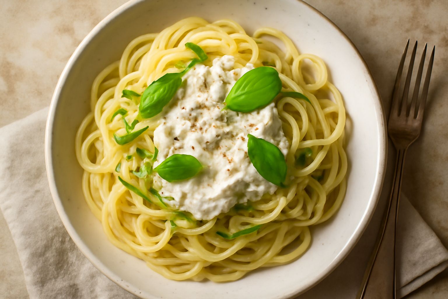 Piatto di pasta bianca con zucchine tagliate a julienne, filamenti di ricotta cremosa, foglie di basilico verde brillante e una macinata di pepe nero su fondo scuro