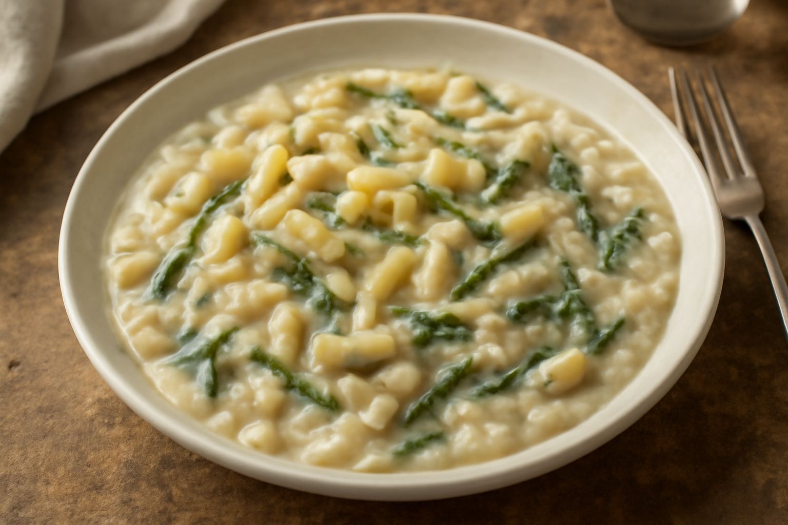 Piatto di pasta con fagioli bianchi cremosi, pezzetti di asparagi verdi teneri, olio d'oliva brillante in superficie, servito in ciotola bianca con cucchiaio di legno accanto