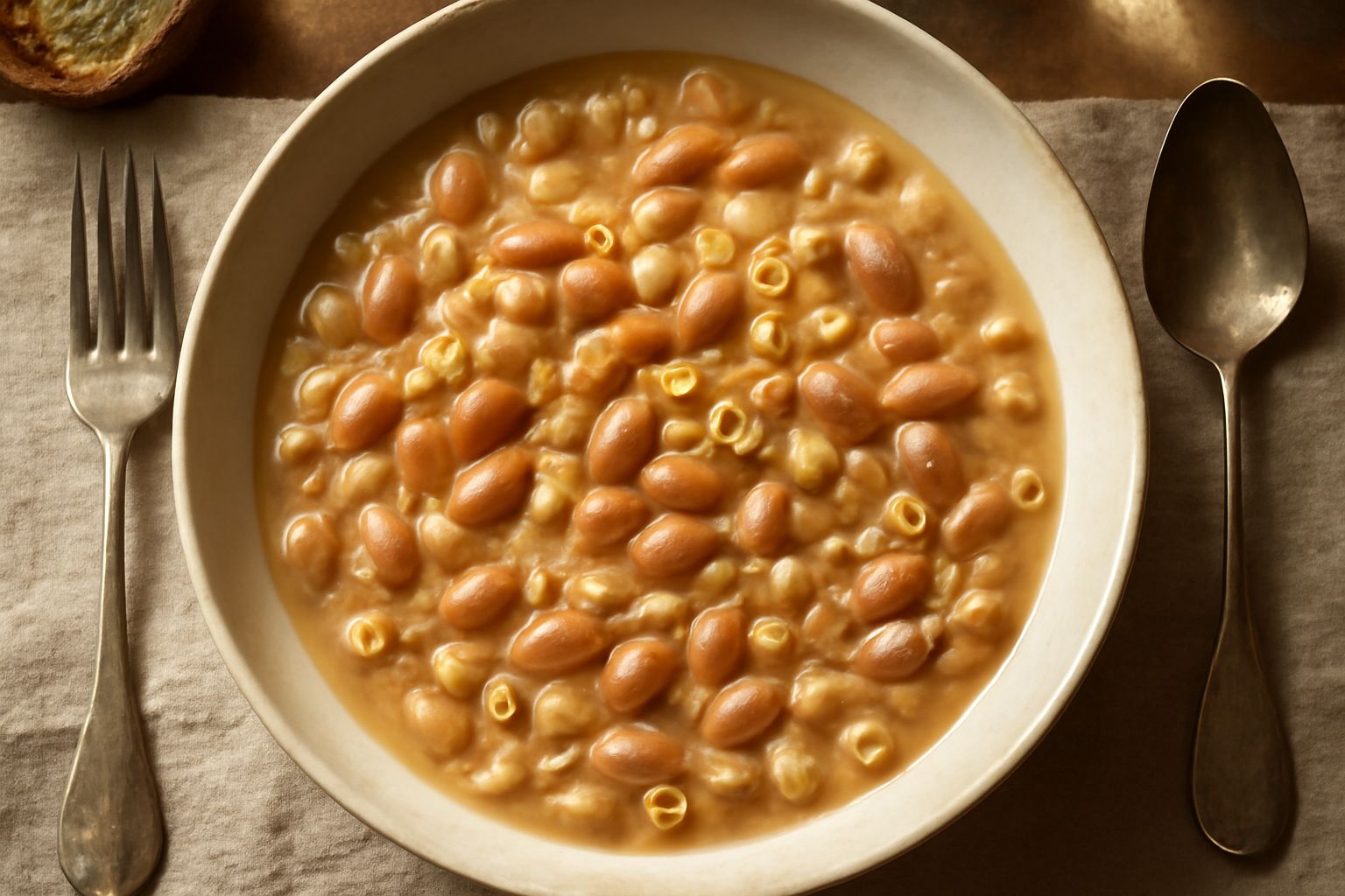 Ciotola bianca colma di pasta ca' fasola con fagioli bianchi e rossi immersi in brodo cremoso, condito con gocce di olio d'oliva verde e prezzemolo fresco tritato, su tavolo di legno scuro