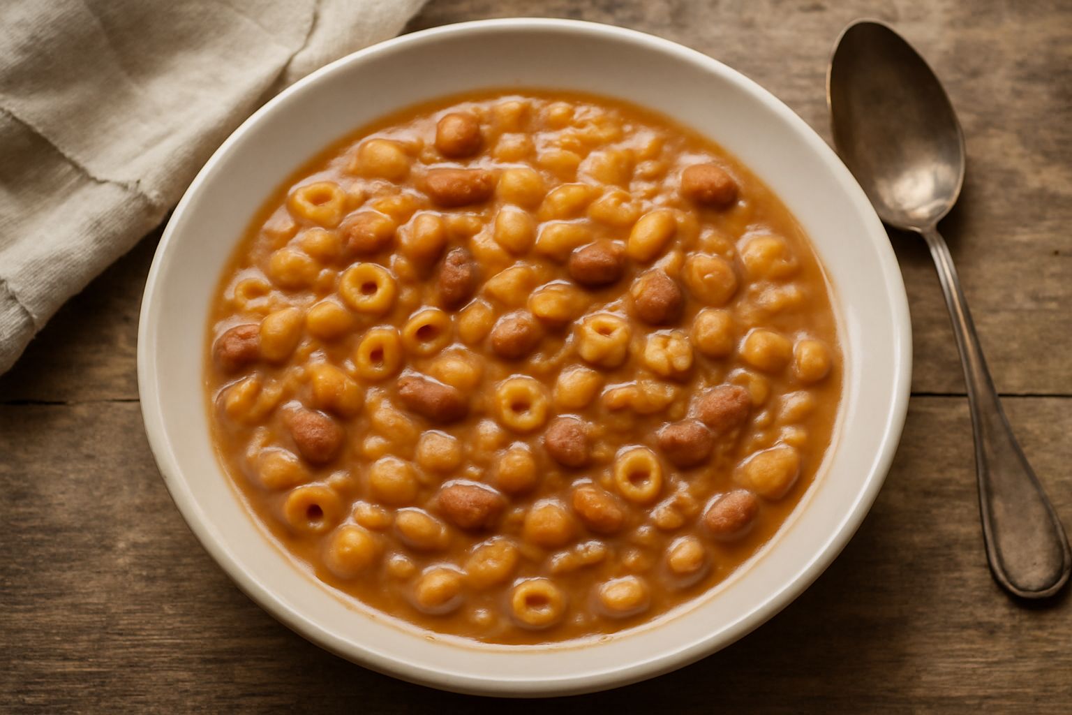 Ciotola di pasta ca' fasule con fagioli bianchi e rossi visibili nel brodo cremoso, con olio d'oliva crudo in filo sulla superficie, pane tostato accanto