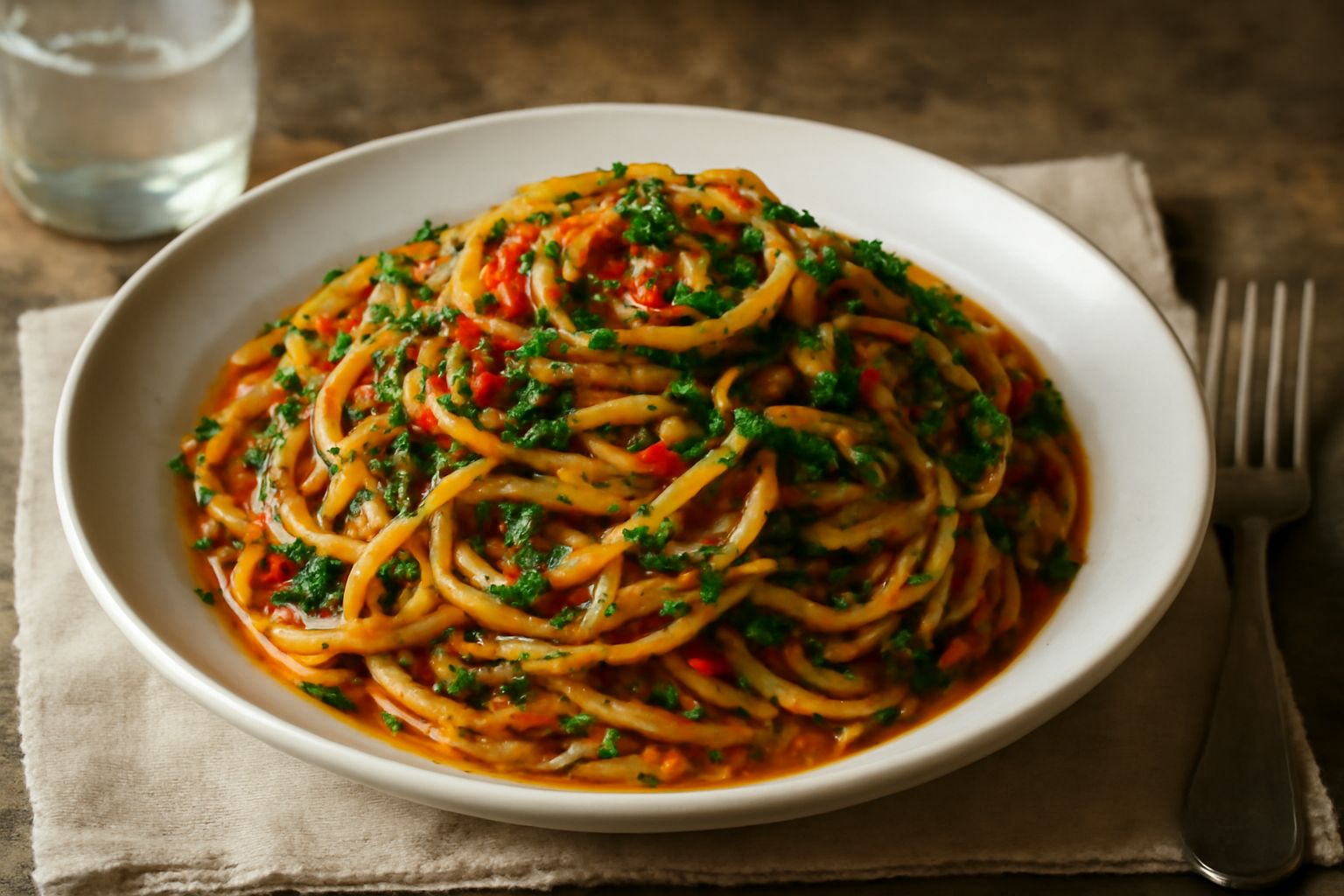 Piatto di pasta con finocchietto selvatico fresco verde, acciughe scure disciolte nel sugo rosso di pomodoro, olio d'oliva lucido, servito in ciotola bianca su tavolo in legno