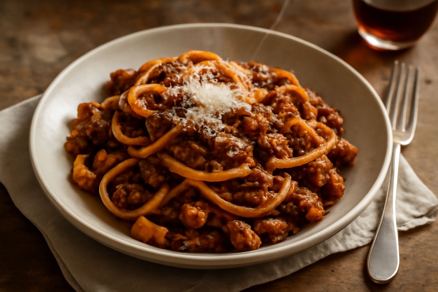 Piatto bianco con pasta al ragù coperta di ragù scuro rosso-marrone, carne sminuzzata, parmigiano grattugiato bianco in superficie, formaggio e cucchiaio d'argento in evidenza