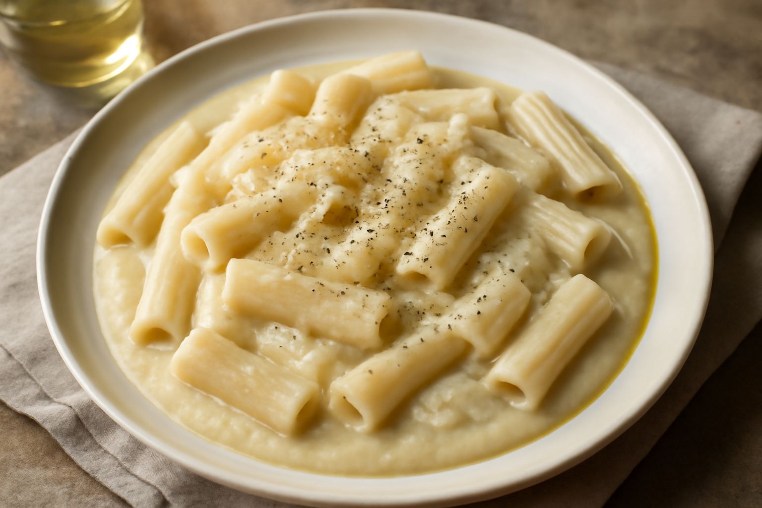 Un piatto bianco con pasta rigatoni ricoperta di crema beige chiaro di fave, guarnita con un filo d'olio d'oliva verde scuro e pepe nero macinato, cipolla bianca visibile nella crema
