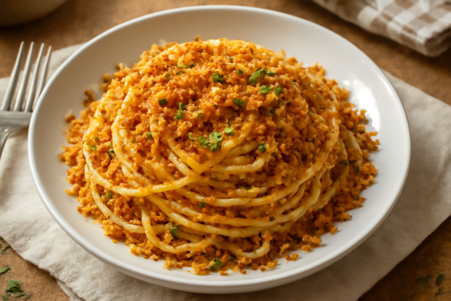 Piatto di pasta bionda riccioluta ricoperta di mollica di pane dorata e croccante, con strisce di acciuga scura visibile, condita con olio lucido e prezzemolo fresco verde in cima