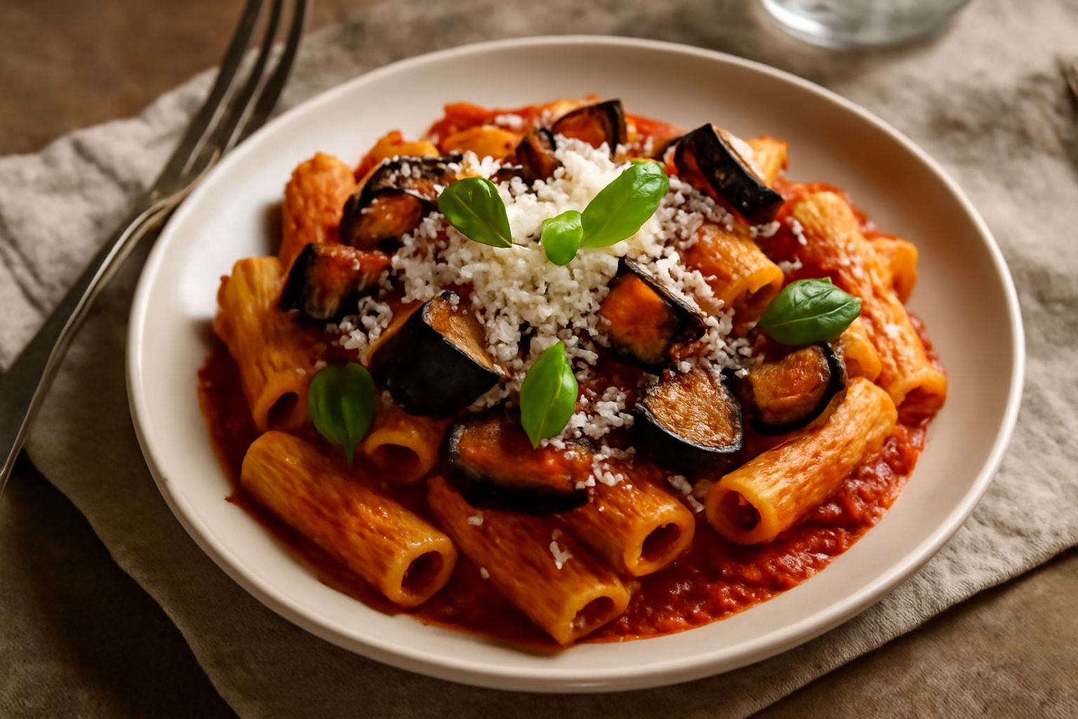 Piatto di pasta alle melanzane con melanzane dorate fritte, ricotta salata grattugiata bianca, sugo rosso di pomodoro, foglie di basilico verde fresche, ritratto dall'alto in luce naturale
