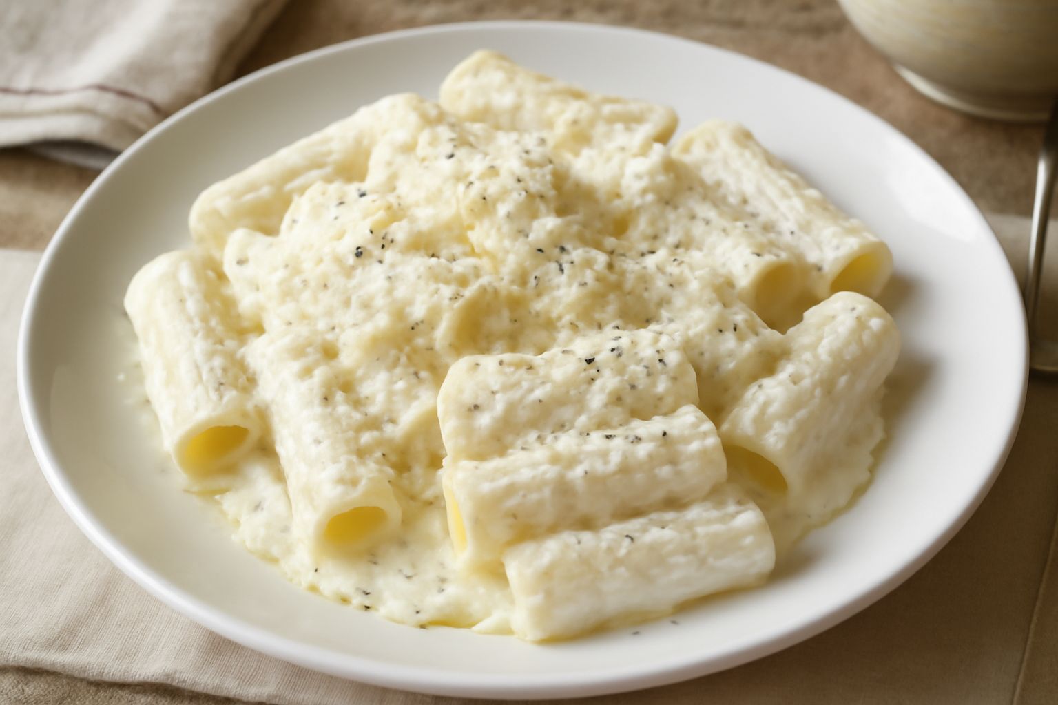 Un piatto di pasta bianca ricoperta di ricotta cremosa color avorio, spolverata di formaggio grattugiato giallo pallido e pepe nero, con un filo d'olio d'oliva lucido sulla superficie