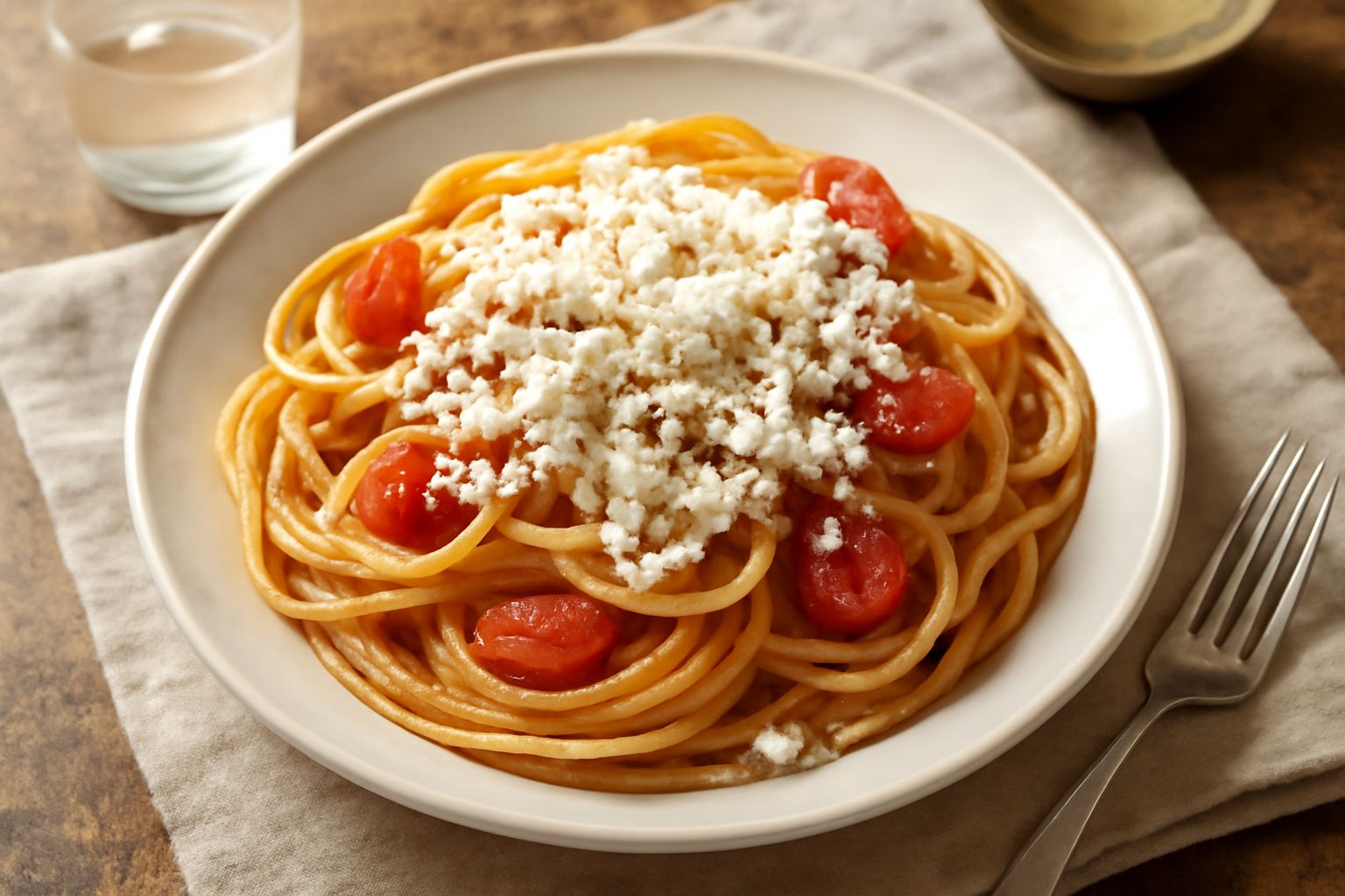 Piatto di pasta con ricotta salata bianca grattugiata, pomodori rossi freschi, basilico verde e olio d'oliva, servito in ciotola bianca con forchetta