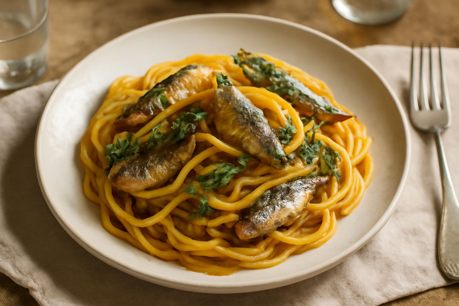 Piatto di pasta con sardine intere, fili di finocchio selvatico verde e filo di zafferano, condimento cremoso giallo-arancio, servito in ciotola bianca