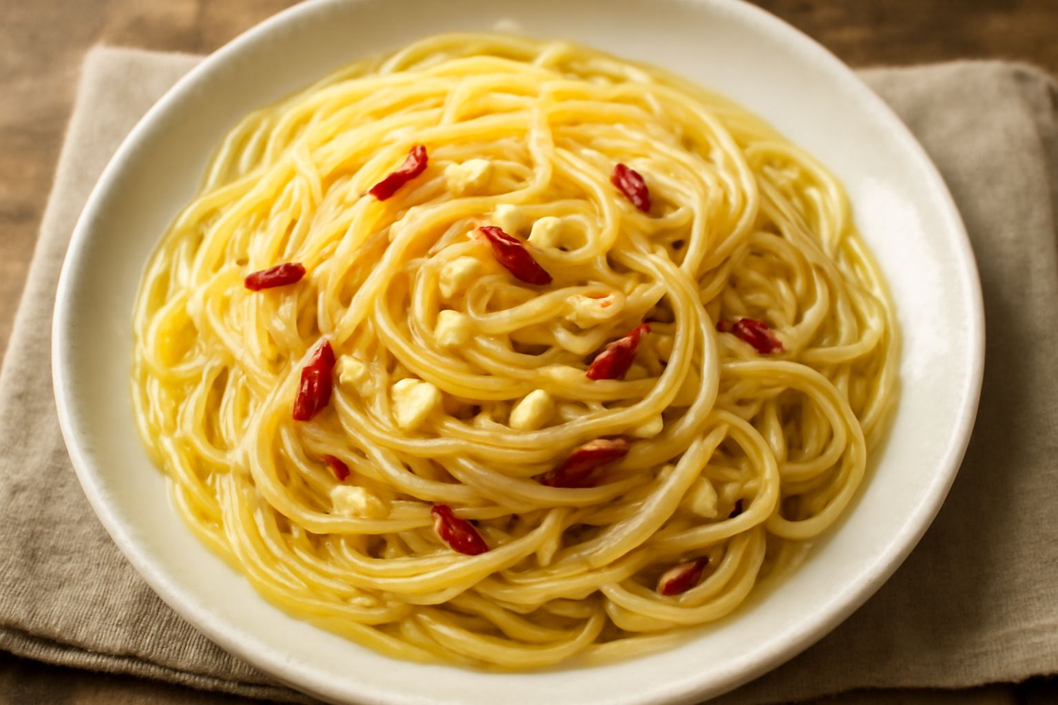 Pasta ca' l'agghia in piatto bianco, spaghetti rivestiti di olio dorato con fettine di aglio trasparente e peperoncino rosso, con filo di olio in superficie e peperoncino fresco in decoro