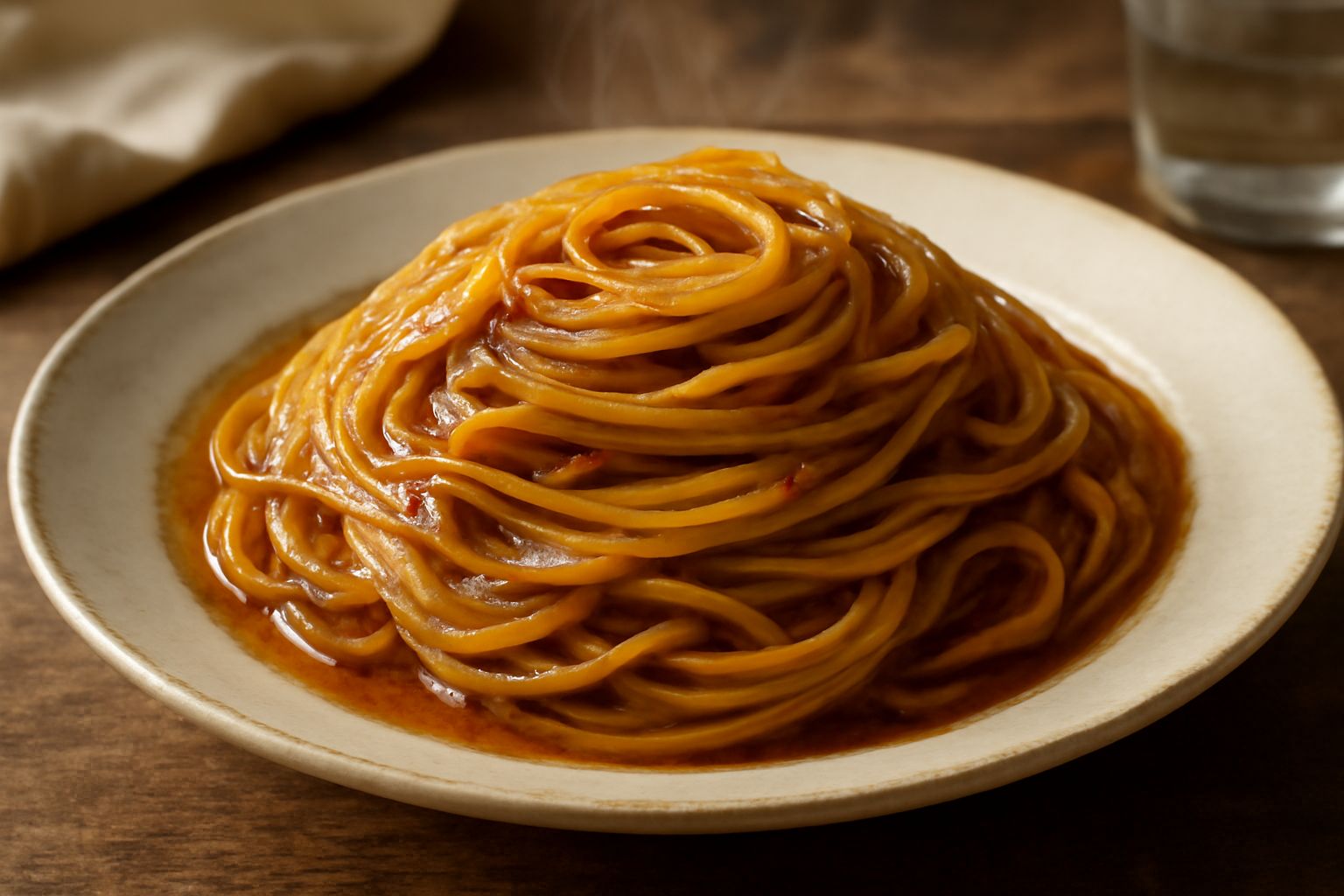 Spaghetti conditi con salsa densa di acciughe sciolte in olio dorato, con fili sottili di spaghetti avvolti attorno a una forchetta, fiamma di peperoncino appena visibile, piatto bianco in primo piano