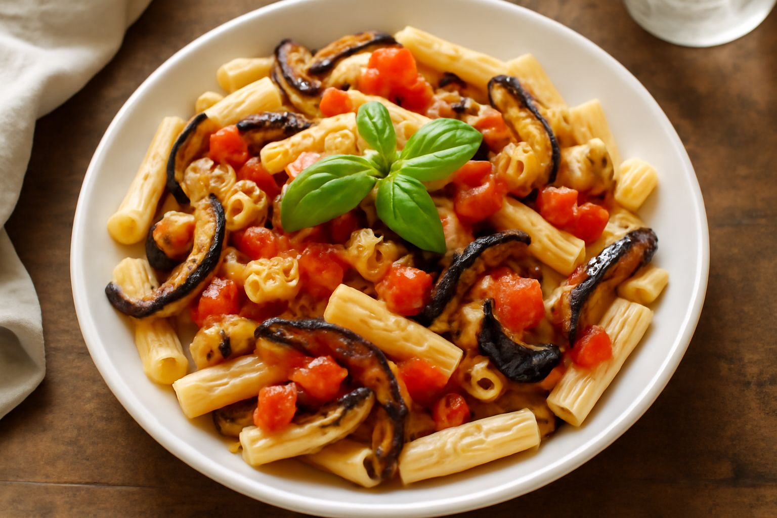 Un piatto di pasta bianca con melanzane viola scure fritte, pomodori rossi a dadini, aglio dorato, basilico verde brillante e gocce di olio di oliva.