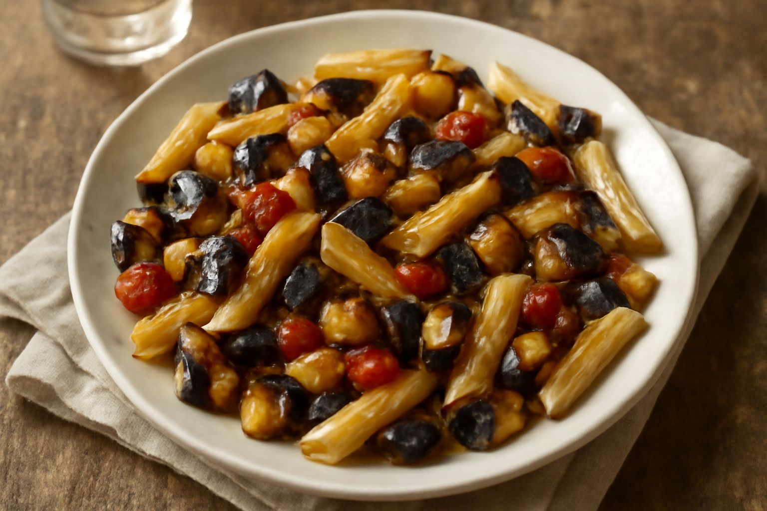 Piatto di pasta fredda con melanzane tagliate a dadini, pomodori rossi, basilico verde e parmigiano grattugiato, servito in una ciotola bianca su un fondo chiaro