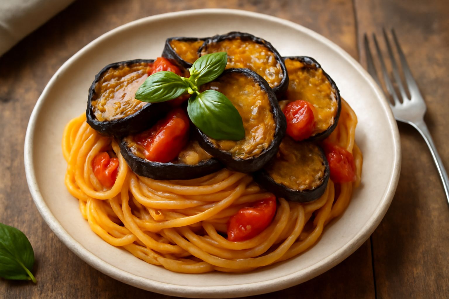 Un piatto di ceramica bianca con pasta condita da fette di melanzana viola fritte croccanti in superficie, pomodori rossi a spicchi, basilico verde brillante e olio lucido. Le melanzane sono dorate ai