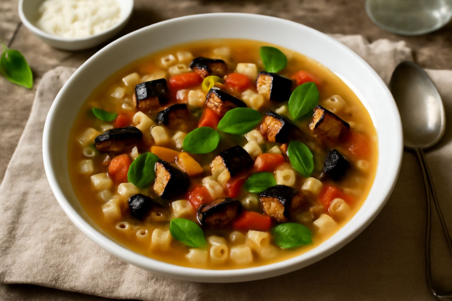 Ciotola di pasta in brodo caldo con cubetti di melanzane viola fritte e croccanti, pomodoro rosso a dadini, foglia di basilico verde, brodo trasparente nel piatto bianco