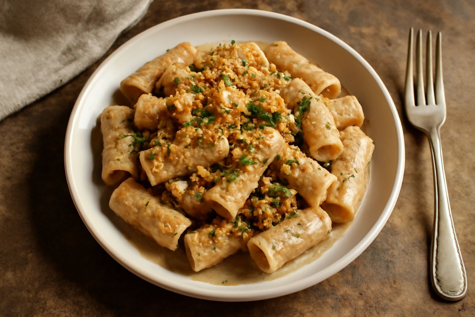 Piatto di pasta con salsa color nocciola, granelli di pangrattato dorato, foglie di prezzemolo verde e fili di noci tritate sparse sulla superficie