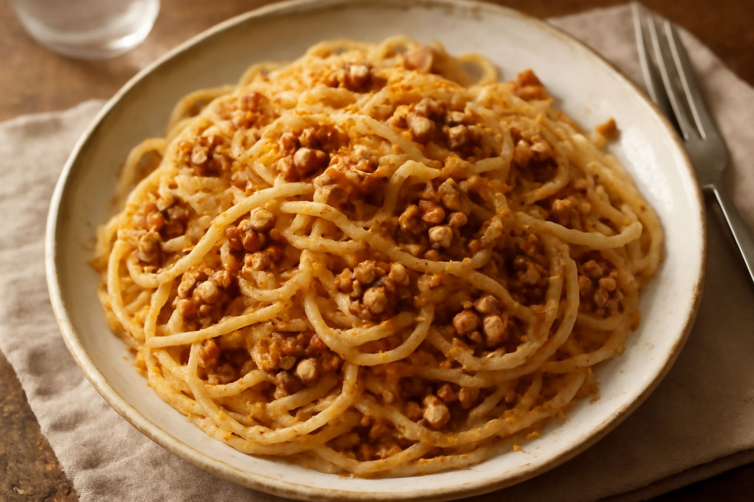 Piatto di pasta bianca con noci spezzettate e pangrattato dorato distribuito in superficie, condito con olio evo, su sfondo bianco