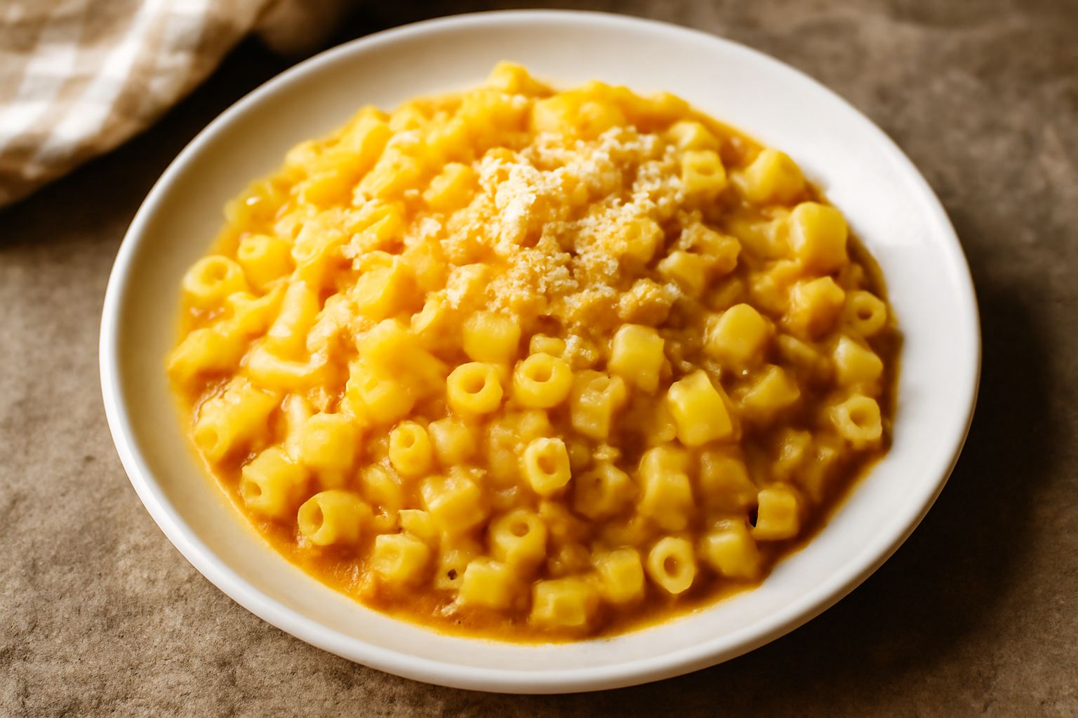 Un piatto bianco fondo con pasta ca le patate: pezzi di patata morbida beige e pasta gialla mischiati insieme, condimento cremoso, ciotola di parmesan grattugiato a parte, cucchiaio di legno appoggiat