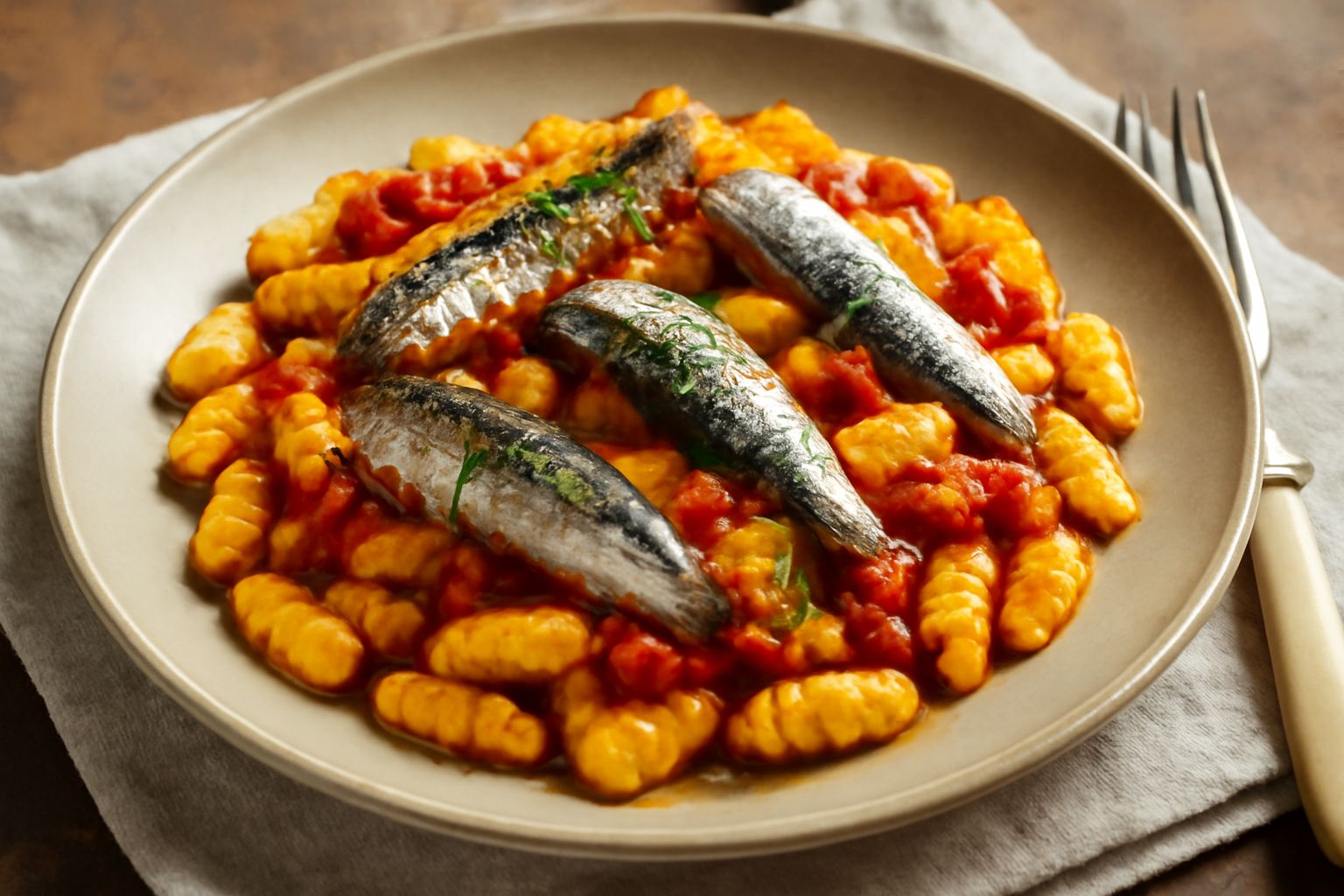 Piatto fondo di pasta ca' le sarde con malloreddus grinzosi ricoperti di condimento rosso con filetti di sardina, zafferano giallo zafferanato, finocchietto verde fresco e grattugia di formaggio pecor
