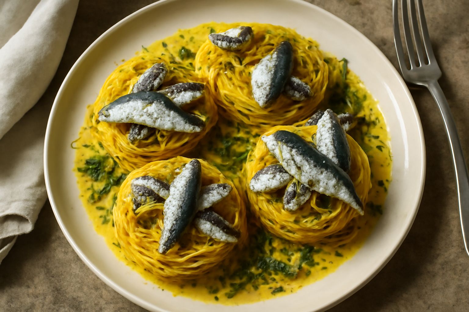 Piatto di pasta ca' le sarde fritte: nidi di pasta fritta dorate e croccanti, conditi con sarde grigio-argento, filamenti di zafferano giallo, finocchietto verde e una leggera polverata di pepe nero