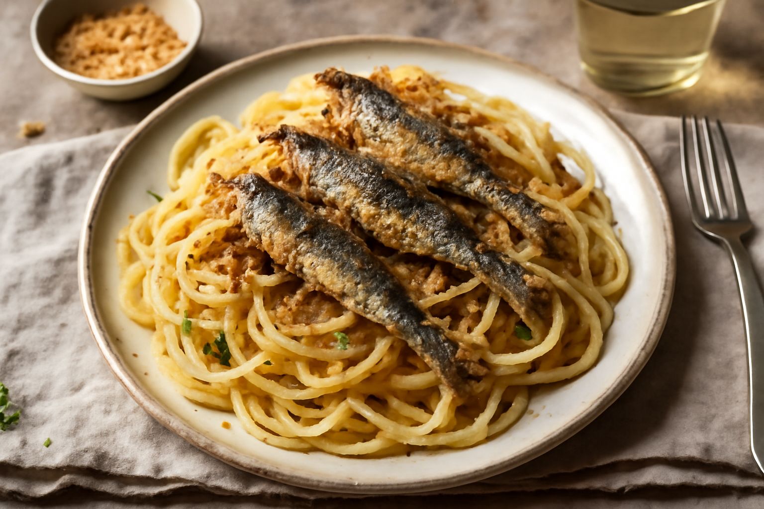 Piatto di pasta con sarde fritte intere, pomodoro rosso, finocchio selvatico e peperoncino, su tavolo in legno