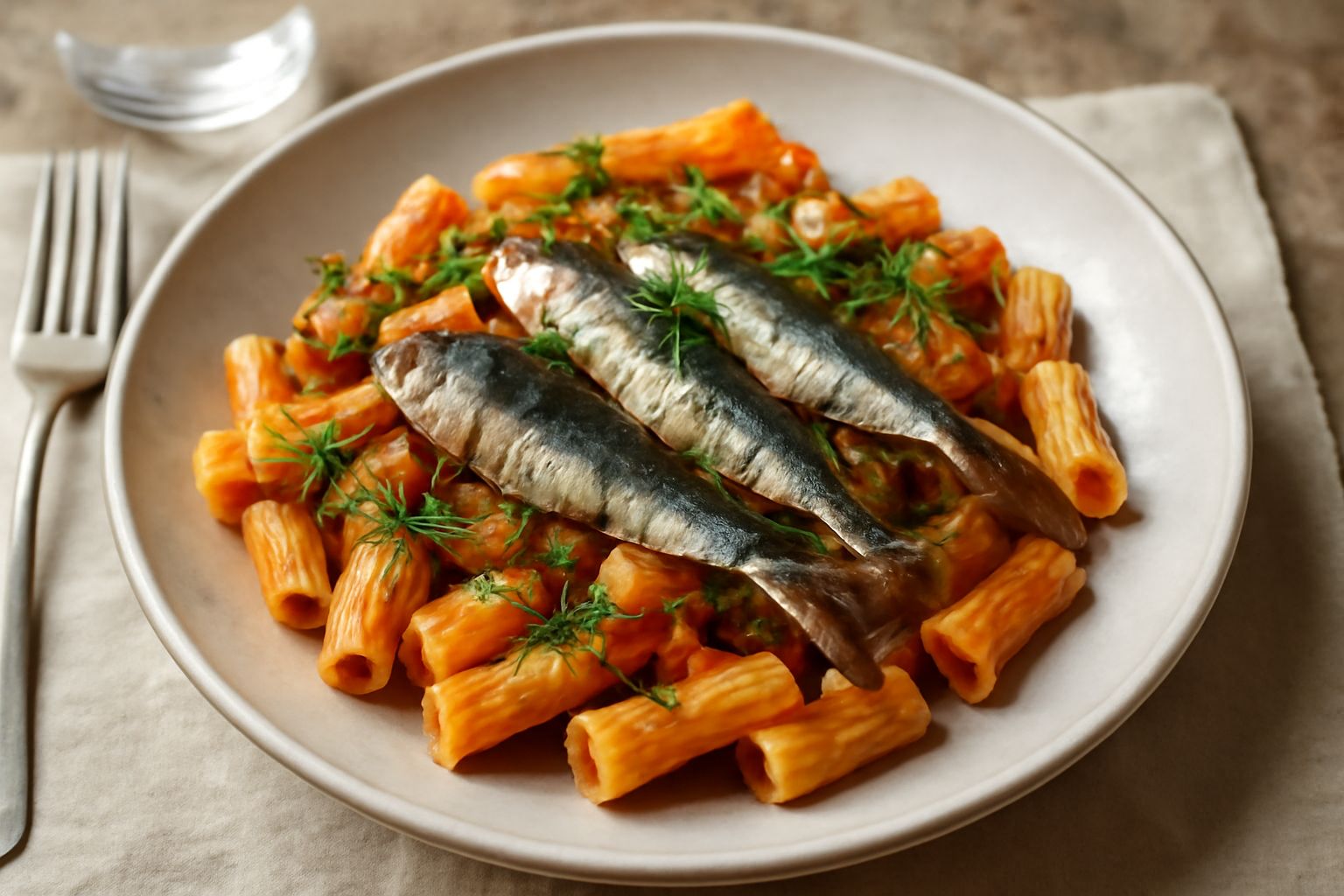 Un piatto di ceramica bianca con pasta corta condita con sarde intere grigie, salsa di pomodoro rosso scuro, fili verdi di finocchio selvatico, fondo di olio brillante, servito su tavolo rustico