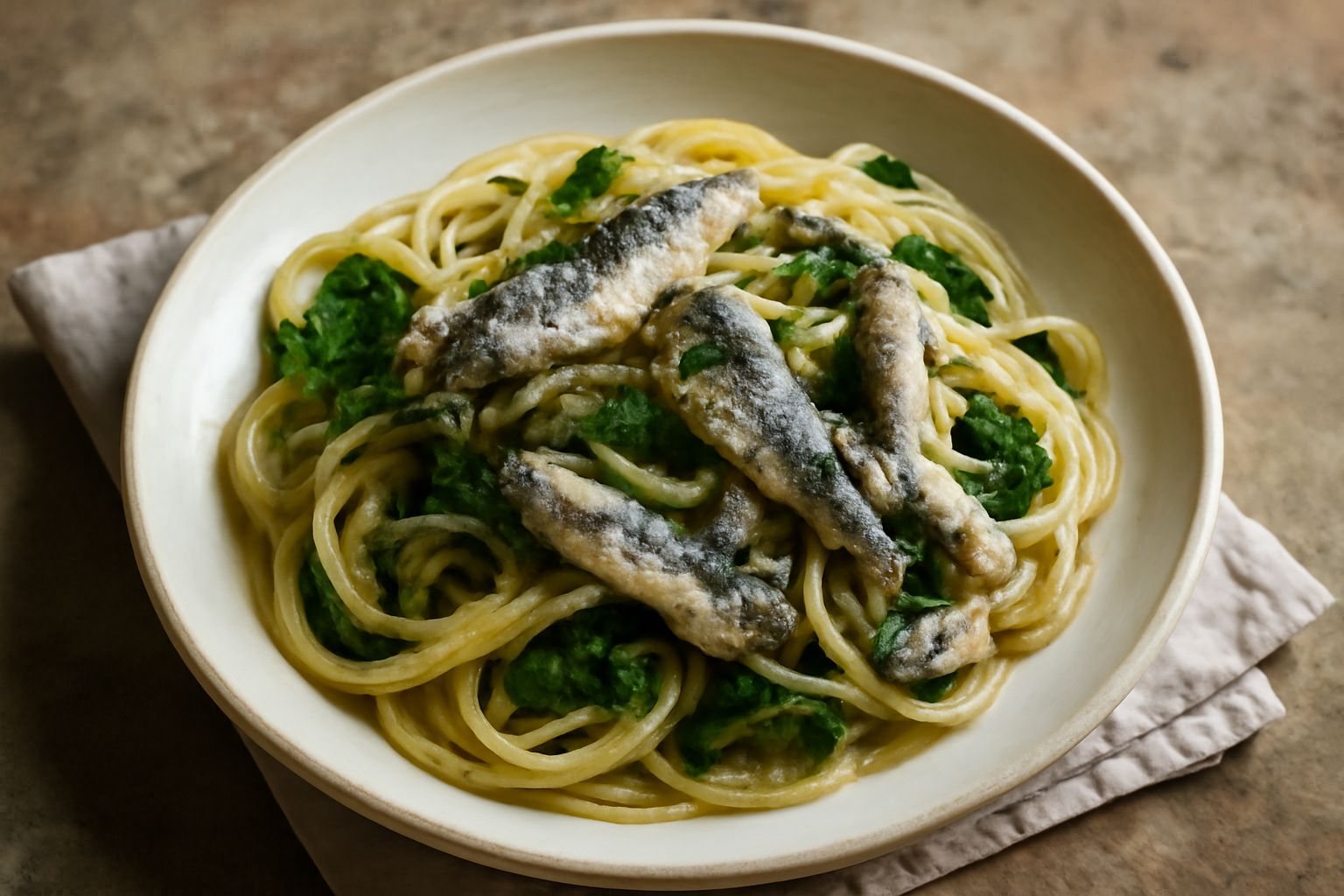Un piatto di pasta con sardine intere e pezzi di finocchietto fresco, olio dorato in superficie, sfumature argentate delle sardine e verde brillante del finocchietto appena sopra, servito su piatto bi