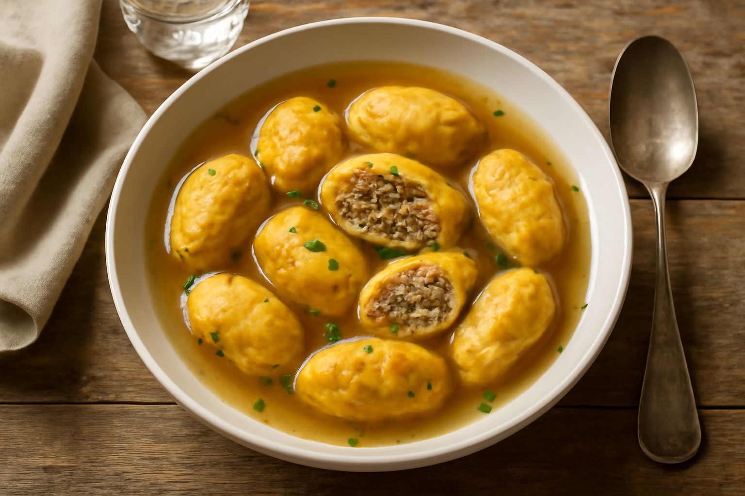 Ciotola di ceramica bianca con pasta ca' le sfingi galleggianti in brodo trasparente, guarniti con prezzemolo fresco e fettine sottili di formaggio, su sfondo di legno naturale