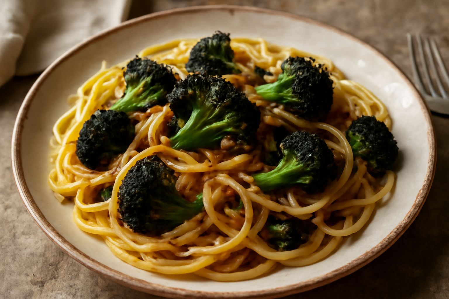 Piatto fondo bianco con pasta condita con broccoli scuri e leggermente anneriti ai bordi, intrecciati tra gli spaghetti dorati, brillanti di olio di oliva, guarnito con aglio croccante di color noccio