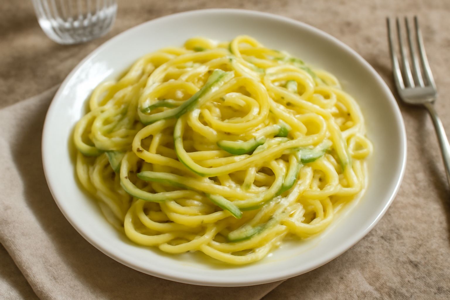 Piatto di pasta cremosa bianca con zucchine verde chiaro tagliate a bastoncino, glassate, con filo d'olio lucido in superficie e fettuccine ricoperte di salsa bianca, servito in piatto fondo bianco