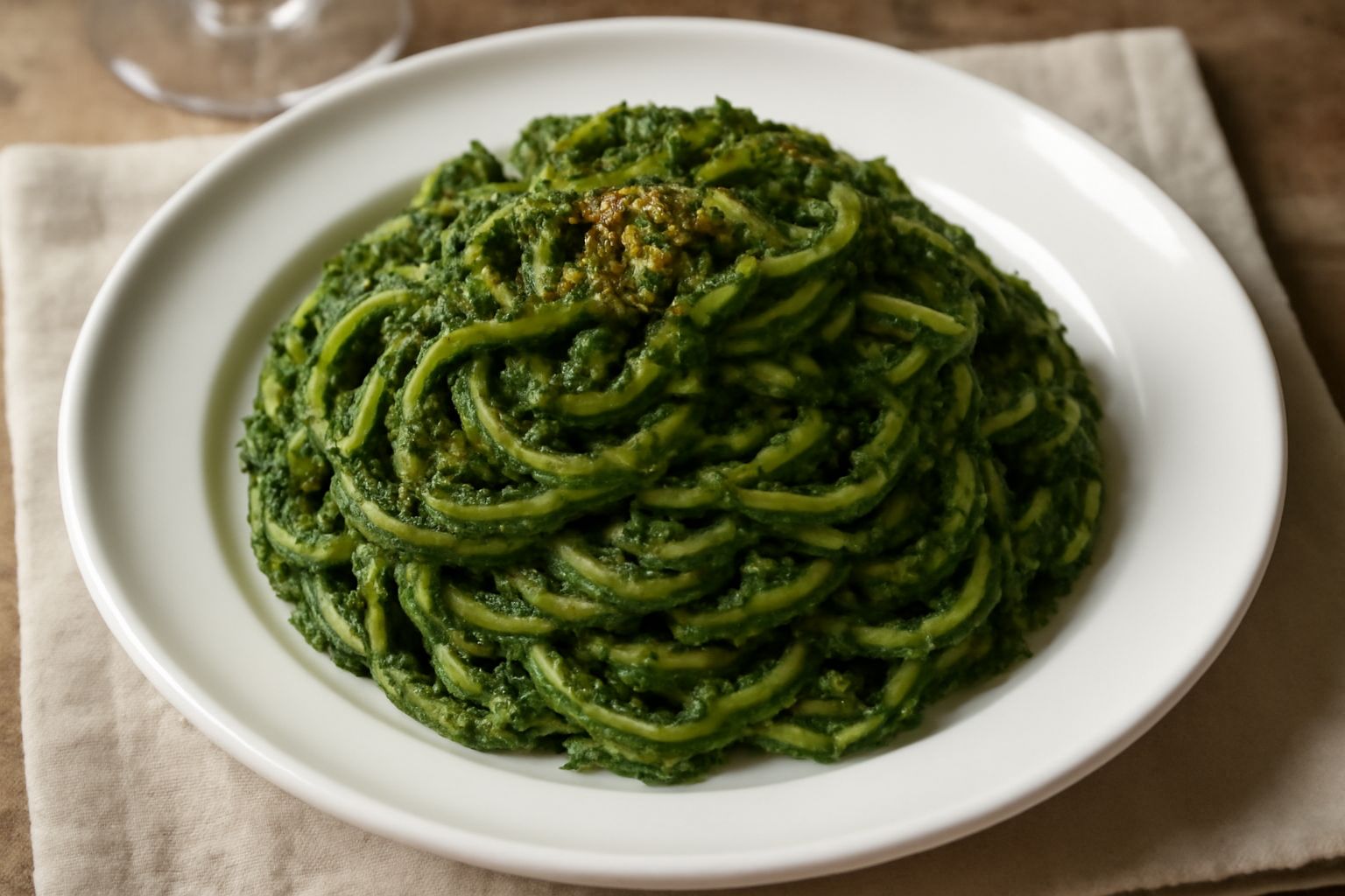 Piatto di pasta ca li broccoli arriminuti con filo di olio, pangrattato dorato sparso sopra, broccoli schiacciati di colore verde intenso che ricoprono la pasta, presentato su piatto bianco