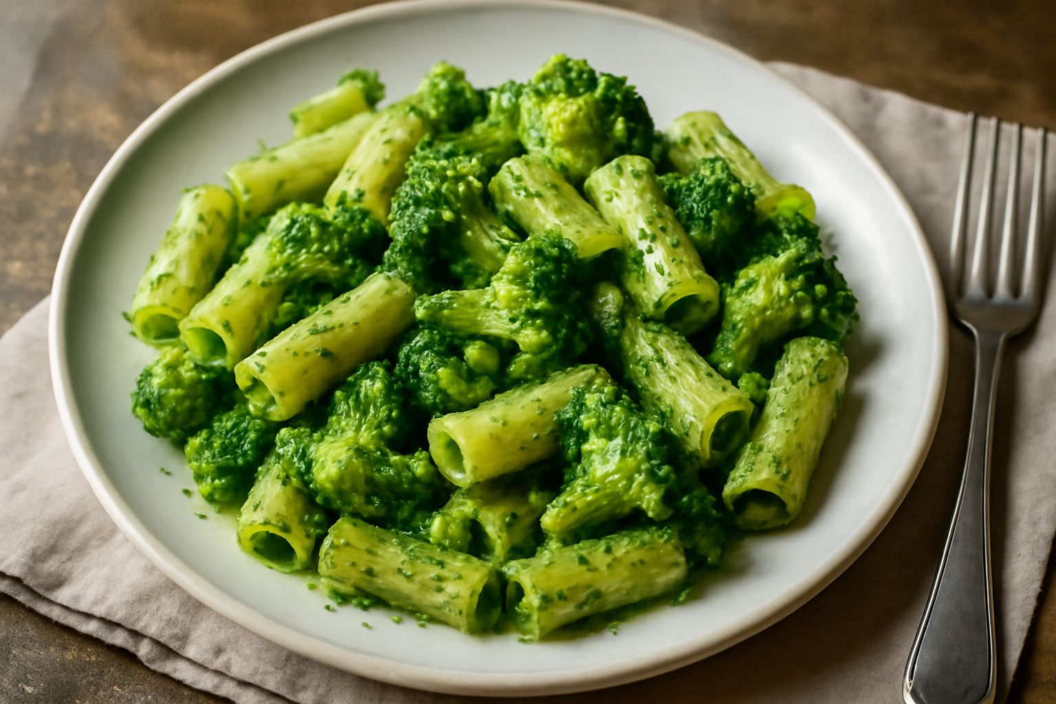 Piatto di pasta corta con broccoli verdi e cremosi, olio lucido, aglio dorato, in una ciotola bianca con sfondo neutro