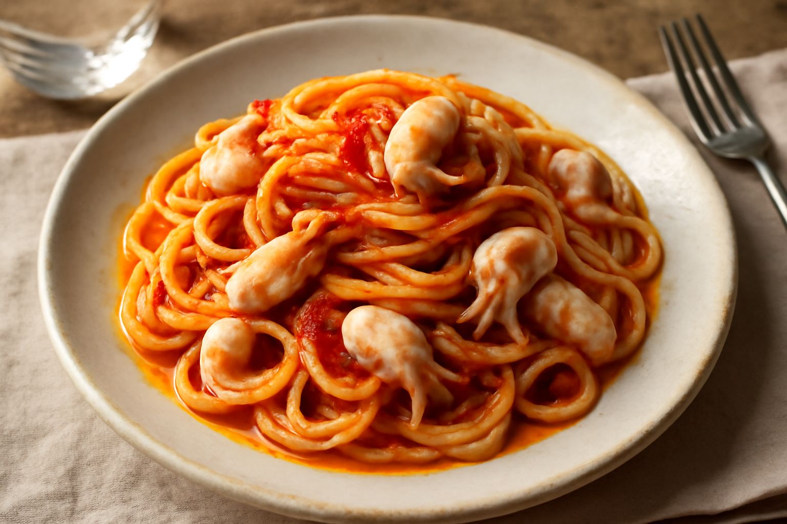 Piatto di pasta lunga con calamaretti bianchi e teneri, salsa rossa, aglio e peperoncino fresco, impiattamento su ceramica blu scuro, filo d'olio a crudo, prezzemolo fresco tritato sopra