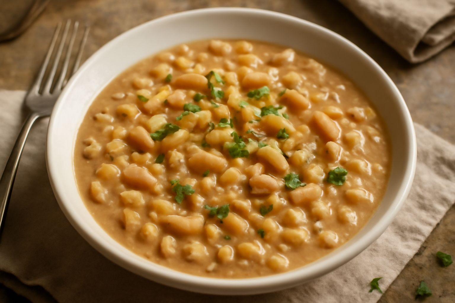 Piatto bianco fondo con pasta e fagioli cremosi, olio verde oliva in superficie, pepe nero tritato, accompagnato da pane casereccio tostato sul lato