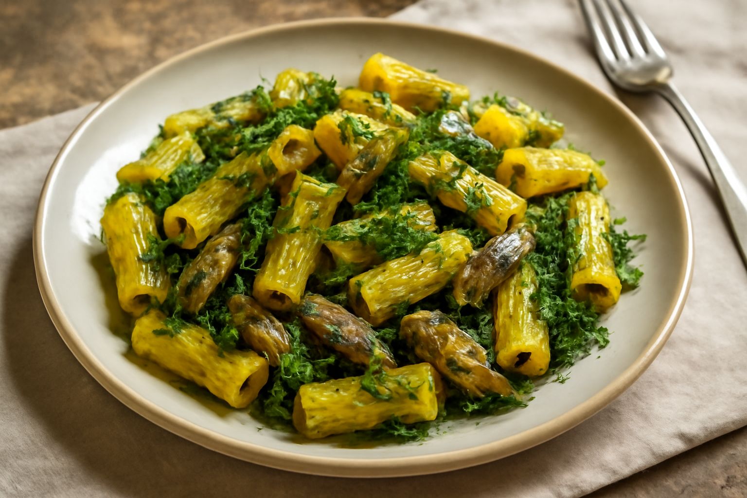 Piatto di pasta rigatoni con finocchio selvatico verde, sardine, fili di zafferano giallo oro, pinoli tostati sparsi sulla superficie, servito in piatto bianco su tavolo con sciarpa di lino azzurra