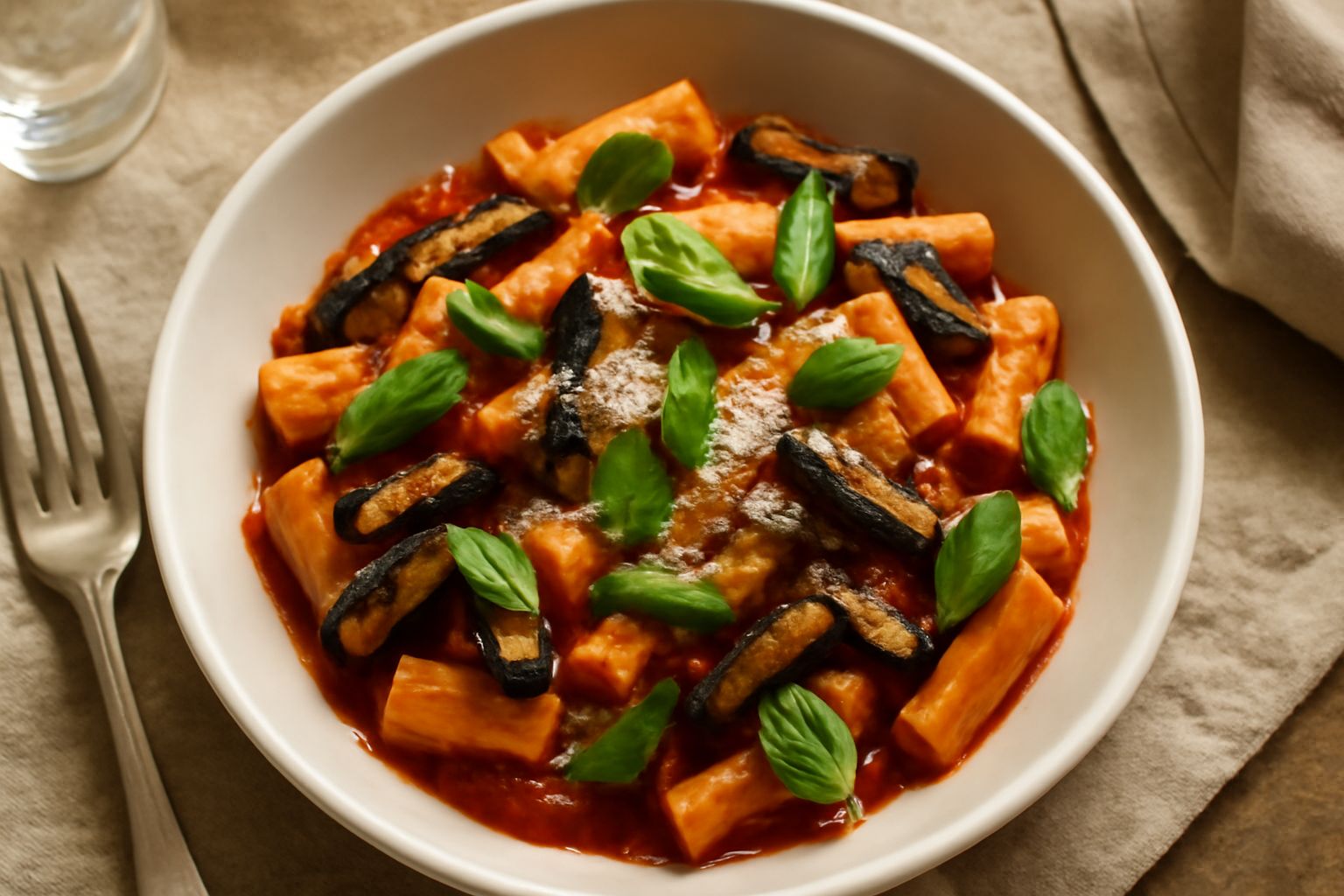 Piatto di pasta bianca con melanzane viola-nere fritte tagliate a bastoncino, salsa di pomodoro rosso brillante, basilico verde fresco sparso in superficie, parmigiano grattugiato bianco sui bordi