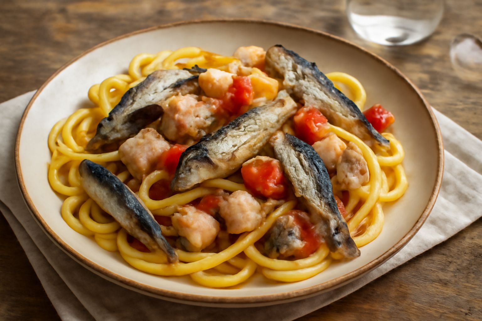Piatto di pasta bianca con pesce spada a dadini, sardine intere, pomodori rossi in pezzi, cipolla trasparente e foglie di prezzemolo verde sparso in superficie, condito con olio dorato