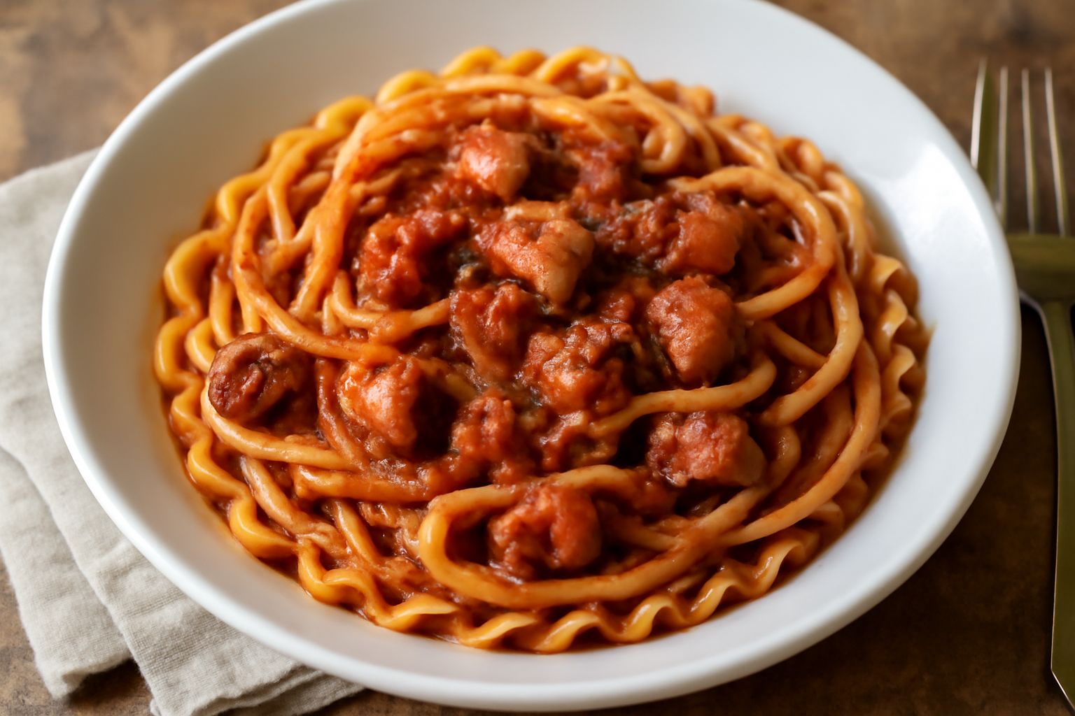 Piatto fondo bianco con pasta condita in primo piano, frammenti visibili di polpo tenero rosato nel sugo rosso scuro, grani di sale grosso sparsi, prezzemolo verde fresco sulla superficie, bicchiere d