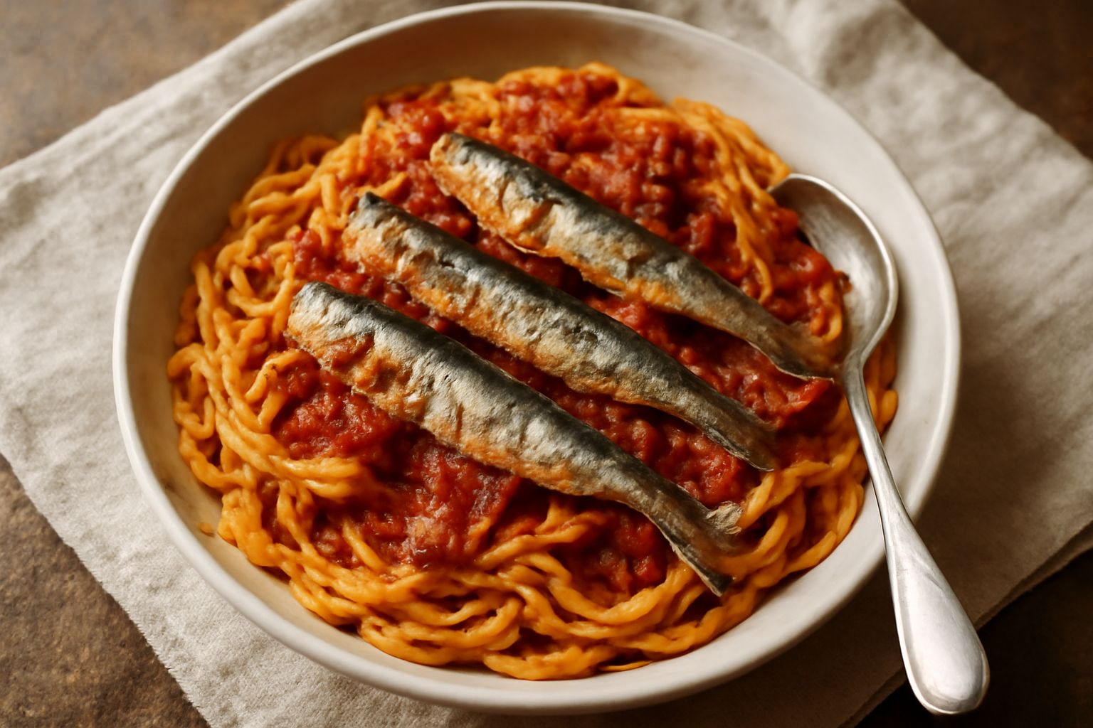 Un piatto di pasta ca' li sardigna con sarde intere coperte di sugo rosso di pomodoro, pasta color oro su fondo bianco, guarnito con prezzemolo fresco