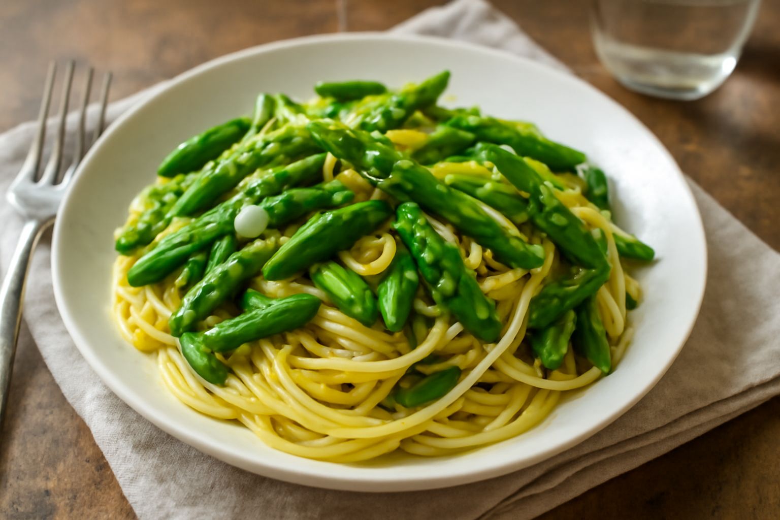 Piatto di pasta con asparagi verdi saltati, olio d'oliva lucente, aglio dorato e pepe nero, su fondo bianco con un filo di olio d'oliva intorno