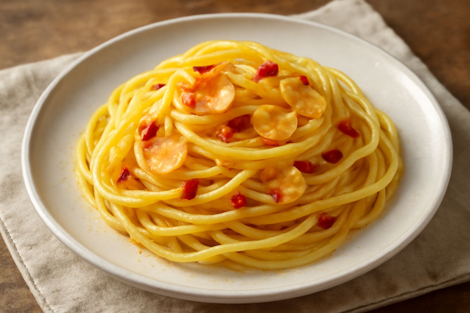 Piatto di spaghetti ca' l'olio e l'aglio in ciotola bianca, olio dorato lucido sugli spaghetti, fettine di aglio dorate e peperoncino rosso spezzato in evidenza, formaggio grattugiato accanto, fondo i