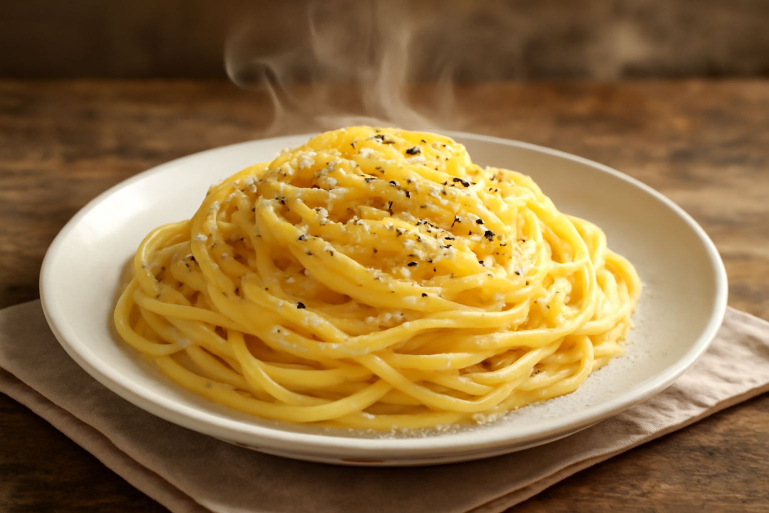 Piatto di pasta gialla con salsa cremosa beige, pepe nero visibile, grattugia di formaggio giallo paglia, servita su piatto bianco fondo, vapore leggero